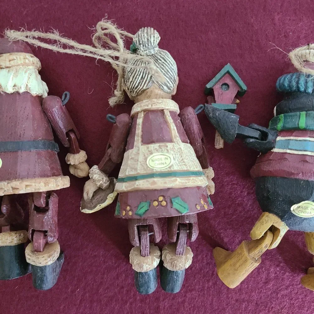 Vintage Country Christmas Jointed Resin Woodlook Ornaments Folk Art Rustic